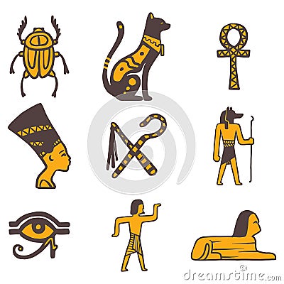 Egypt travel history sybols hand drawn design traditional hieroglyph vector illustration style. Vector Illustration