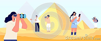 Egypt travelers. People and pyramids, tourism and vacations. Man woman look and make photos, trekking tour in desert Vector Illustration