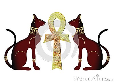 Egyptian cats and Antique golden ankh Egyptian religious symbol. Bastet, ancient Egypt goddess and cross, statue profile and cross Vector Illustration