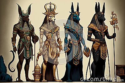 Egyptian deities including Anubis, Seth, Hathor, and Horus Stock Photo