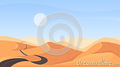 Egyptian desert natural landscape, cartoon deserted sand dunes, asphalt empty road through hills Vector Illustration