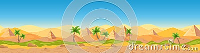 Egyptian desert Panoramic view cartoon vector illustration landscape, banner. Wide panorama sand desert background, hot Vector Illustration