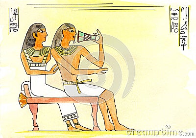 Egyptian drinking wine, fresco with Egyptian people sitting on a throne. Stock Photo