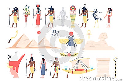 Egyptian element. Ancient egypt civilization and culture. Gods and goddess statues, pyramid and sphinx. Pharaoh symbol Vector Illustration