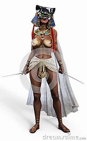 Egyptian female deadly assassin posing on a isolated white background. Stock Photo