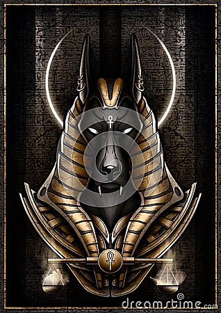 Egyptian God - Jackal close-up against the background of a stone slab with cracks and hieroglyphs. Anubis - Guardian of the scales Vector Illustration