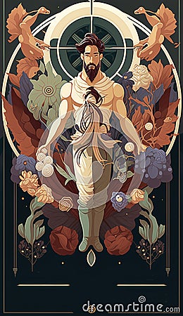 The Egyptian God, Min â€“ God of Fertility and Harvest n Ancient Egypt. AI generative poster illustration, art nuveau style Cartoon Illustration