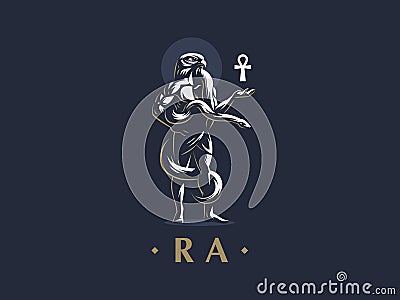 The Egyptian god Ra with an ankh in his hand. Vector Illustration