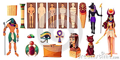 Egyptian gods Thoth and Hathor. Ancient attributes Vector Illustration