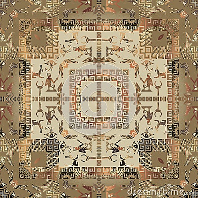 Egyptian hieroglyphs seamless pattern. Textured background. Vector abstract repeat backdrop. Old style tribal ancient Vector Illustration