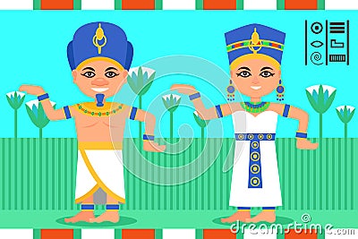 Egyptian man and woman in dancing action. Pharaoh and queen of Egypt in traditional clothes. Lotus flowers on background Vector Illustration