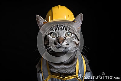 Egyptian Mau Cat Dressed As A Builder On Black Background Stock Photo
