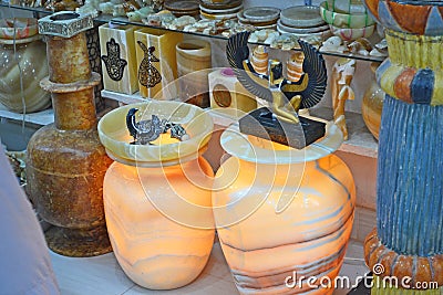 Egyptian onyx and alebasters souvenirs on sale. Editorial Stock Photo