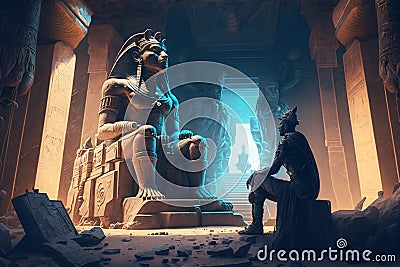 An Egyptian pharaoh looks at a statue of a god in a tomb Stock Photo