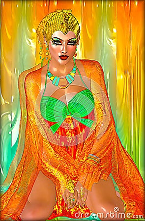 Egyptian princess in orange silks and emerald green with beautiful fashion cosmetics, make up and gold crown. Stock Photo