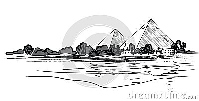 Egyptian Pyramids landscape. Pencil hand drawn illustration. Cartoon Illustration