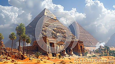 Egyptian pyramids in Sahara desert, historical reconstruction illustration. Cartoon Illustration