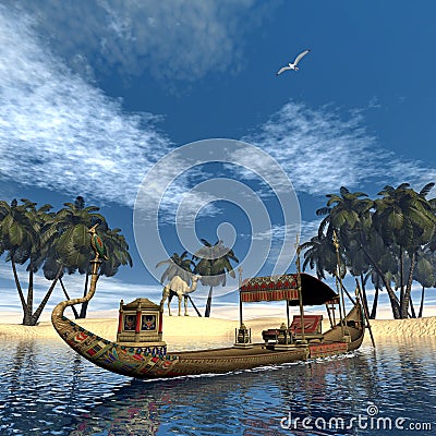 Egyptian sacred barge with throne - 3D render Stock Photo