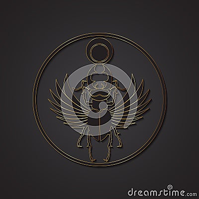 Egyptian sacred scarab stag beetle horns with wings. Black logo, gold silhouette. Vector insect isolated on a black background Vector Illustration