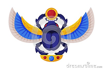Egyptian Scarab Beetle with Wings and Sun, Symbol of Pharaoh and God Ra Flat Style Vector Illustration on White Vector Illustration