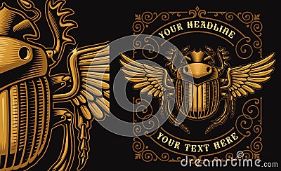 An Egyptian scarab with wings on the dark background. Vector Illustration