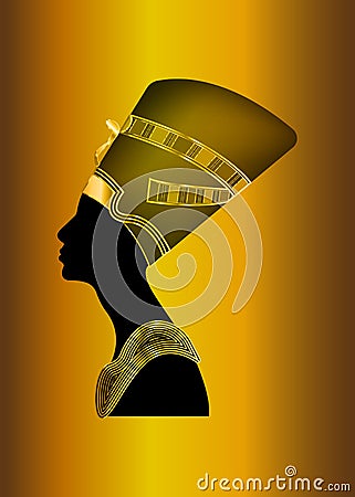 Egyptian silhouette icon. Queen Nefertiti. Vector portrait Profile with gold jewels and precious stones Vector Illustration