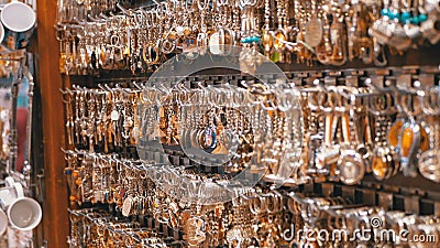 Egyptian souvenirs shops for tourists in the old city market at night. Various souvenirs made of stone, wood, glass, metal, keychains, magnets and other in the stock video Egyptian souvenirs shops for tourists in the old city market at night. Various souvenirs made of stone, wood, glass, metal, keychains, magnets and other in the stock video