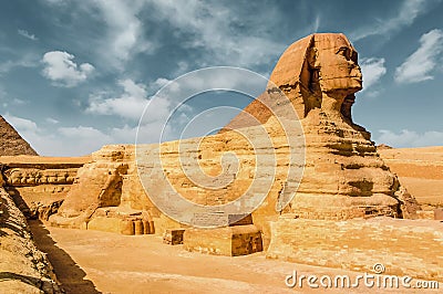 Egyptian sphinx. Cairo. Giza. Egypt. Travel background. Architectural monument. The tombs of the pharaohs Stock Photo