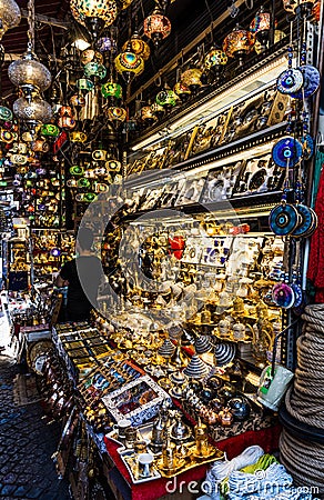 Egyptian Spice Market and Side Street Markets With Turkish Lanterns in Istanbul, Turkey. Editorial Stock Photo