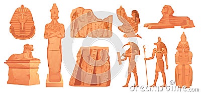 Egyptian stone statue. Ancient clay figurines or rock monuments of god pharaoh egypt mythology, cartoon landmark Vector Illustration