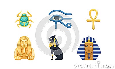 Egyptian Symbols with Eye of Horus, Scarab Beetle, Ankh, Black Cat Statue, Pharaoh and Sphinx Vector Set Vector Illustration