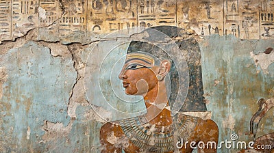Egyptian wall fresco, painting of God or pharaoh from Ancient Egypt, fiction view Stock Photo