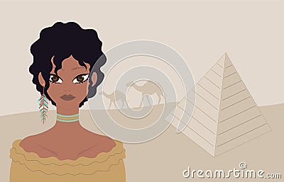 Egyptian woman in desert. Egyptian pyramid. Camel. Vector Illustration