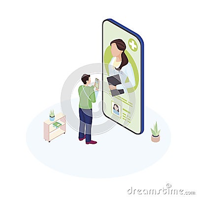 Ehealth smartphone app isometric illustration. Male patient communicating with personal medical specialist cartoon character. Vector Illustration
