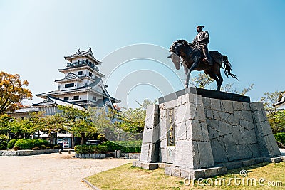 Imabari Castle and Todo Takatora statue in Ehime, Shikoku, Japan Editorial Stock Photo