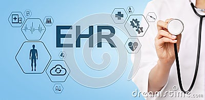 EHR Electronic Health record EMR Medical automation system Medicine Internet concept. Doctor with stethoscope. Stock Photo