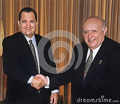 Ehud Barak and Suleyman Demirel in Jerusalem in 1999 Editorial Stock Photo