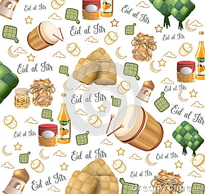 Eid al Fitr Pattern with ketupat and traditional drum Stock Photo