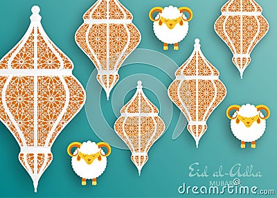Eid Al Adha Background. Islamic Arabic lantern and sheep. Greeting card Vector Illustration