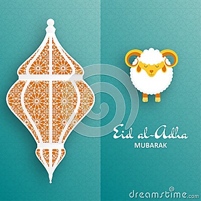 Eid Al Adha Background. Islamic Arabic lantern and sheep. Greeting card Vector Illustration