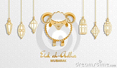 Eid Al Adha Background. Islamic Arabic lantern and sheep. Greeting card Vector Illustration