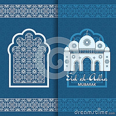 Eid Al Adha Background. Mosque and Islamic Arabic window. Greeting card Vector Illustration
