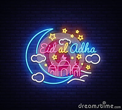 Eid-Al-Adha festive card design template in modern trend style. Neon style, Islamic and Arabic background for the Vector Illustration