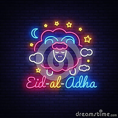 Eid-Al-Adha festive card design template in modern trend style. Neon style, Islamic and Arabic background for the Vector Illustration