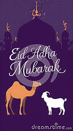 Eid Al Adha greeting card with mosque silhouette, camel, goat on purple background. Stock Photo