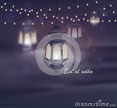 Eid al adha. Greeting card template on Eid Al-Fitr muslim religious holiday with lanterns on blurred lights background Vector Illustration