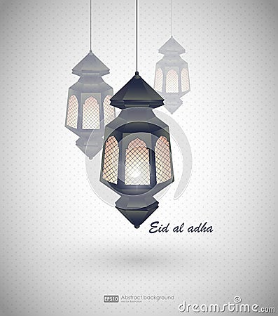 Eid al adha. Greeting card template on Eid Al-Fitr muslim religious holiday with lanterns on blurred lights background Vector Illustration