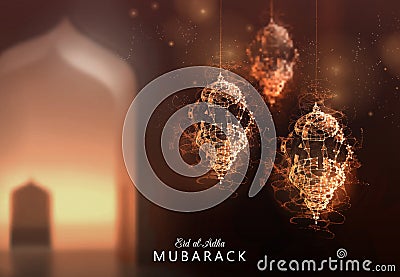 Eid Al-Adha Islamic holidays. greeting card. lamps on a blurred background arches. On bokeh arch interior background. Ramadan Vector Illustration