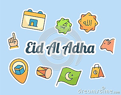 Eid al adha lettering around set icons package of eid al adha blue isolated background with modern flat cartoon style Vector Illustration