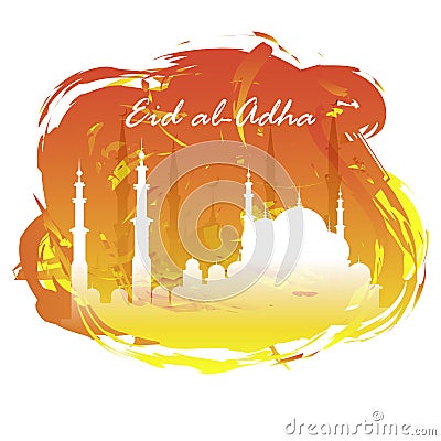 Eid Al Adha. Lettering composition of moslim holy month with mosque building. Vector Illustration